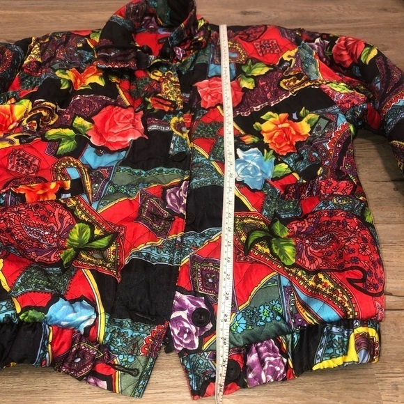 VTG 80s Elements Bright Colourful Floral Paisley Art Print Long Bomber Jacket - Picture 12 of 12